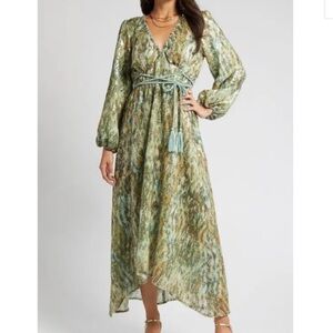 BTFL-LIFE Green Sequin Long Sleeve Tie Belt Maxi Dress Size Large New